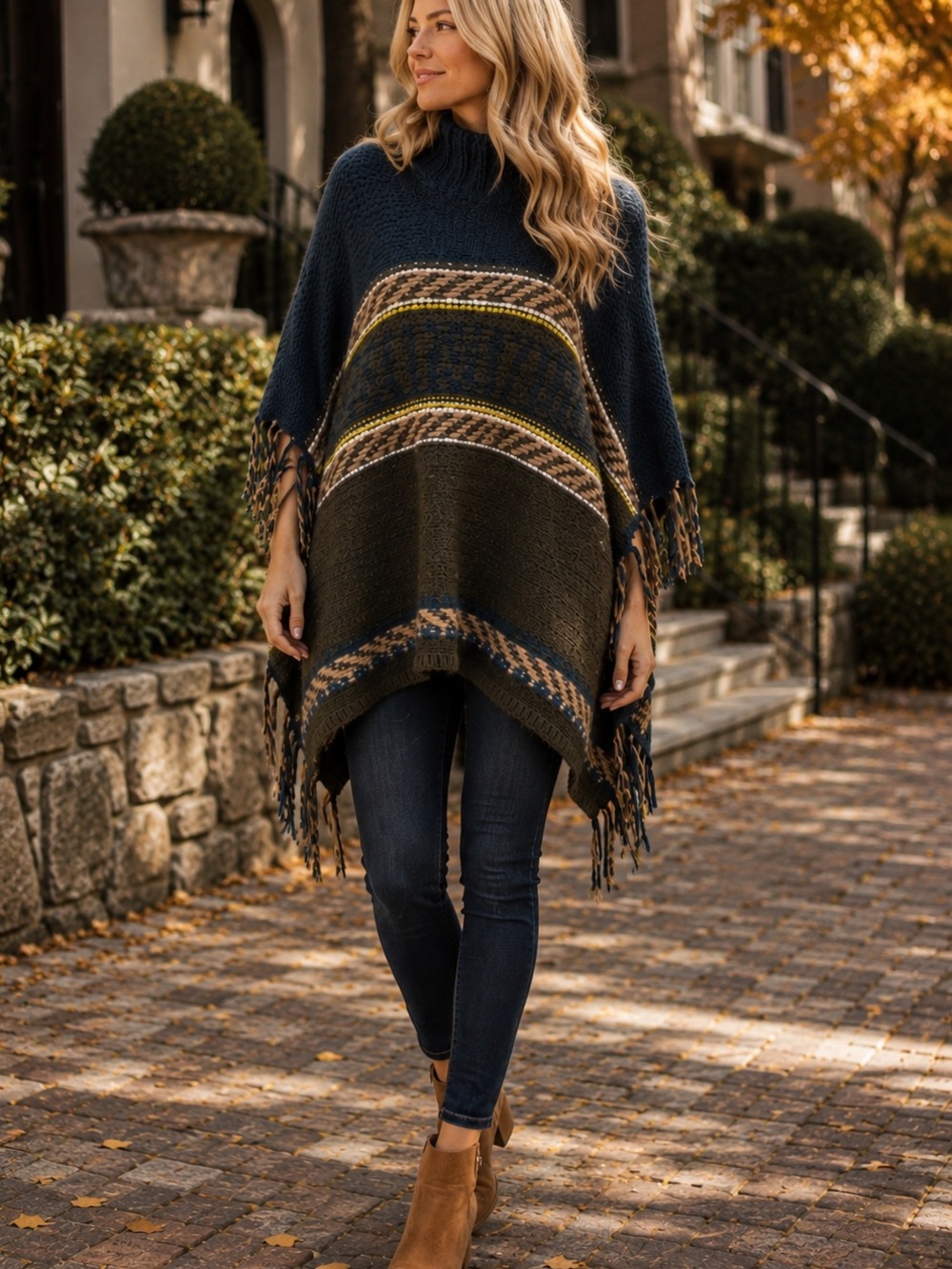 Free People Labyrinth Fringed Poncho Navy & Green Sweater M/L Wool Angora Blend
